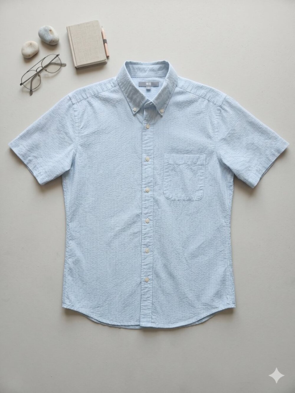 Uniqlo Men's Light Blue Short-Sleeve Button-Down Shirt with Chest Pocket